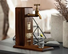 BK Gift Aynalı Altın Kabartma Musluklu Doğal Ceviz Ahşap Vodka Standı, Home Bar, İçecek Dispenseri, Ahşap İçecek Çeşmesi-4