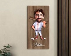 BK Gift Kişiye Özel Beyzbol Karikatürlü Kabartma Figürlü Ahşap Tablo-16, Arkadaşa Hediye, Sevgiliye Hediye, Duvar Dekoru
