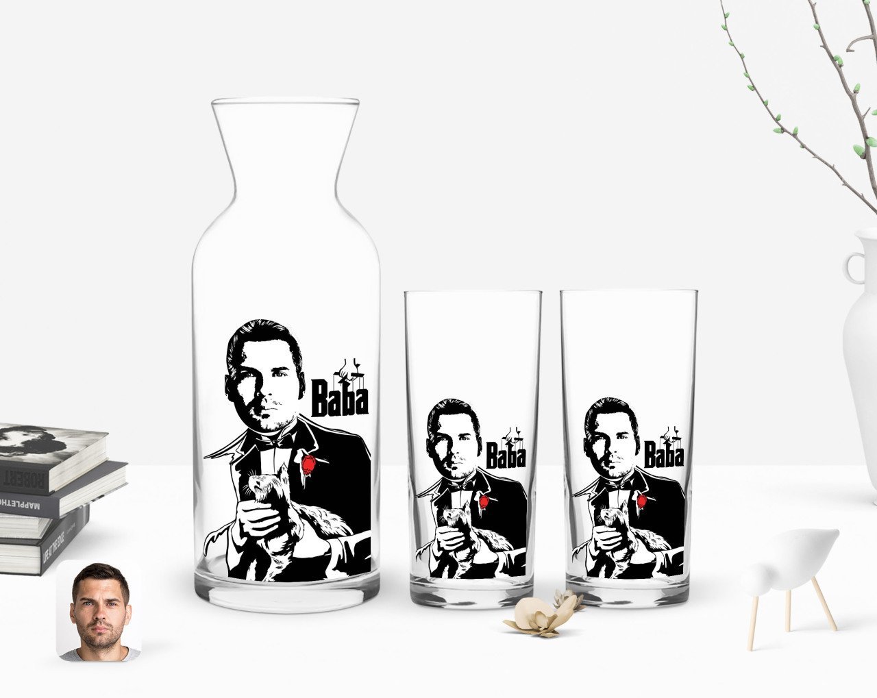 Kişiye Özel Renkli Baskılı Godfather Baba Tasarımlı İkili Rakı Bardağı ve Karaf Hediye Seti-4