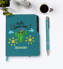 Kişiye Özel Kaktüs Tasarımlı Turkuaz Termo Deri Defter Kalem Seti-8