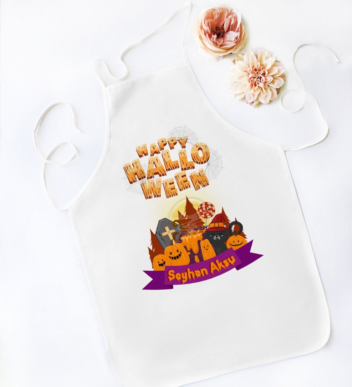 Kişiye Özel Happy Halloween Tasarımlı Beyaz Mutfak Önlüğü-18