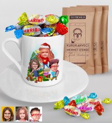Kişiye Özel Yeni Yıl 3 Kardeş Karikatürlü Türk Kahvesi Fincanı Mehmet Efendi Kahve ve Haribo Şeker Hediye Seti-1