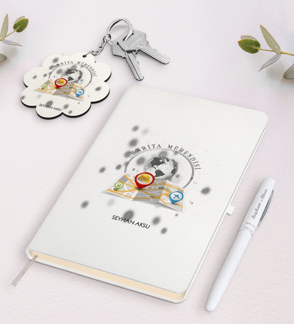 Kişiye Özel Harita Mühendisi Beyaz Defter Kalem Ve Anahtarlık Hediye Seti-1