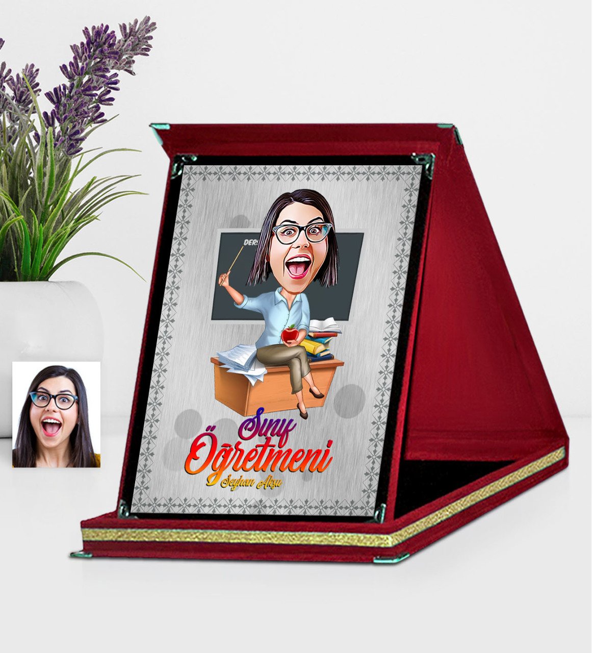 Kişiye Özel Bayan Öğretmen Karikatürlü Kırmızı Plaket - 2
