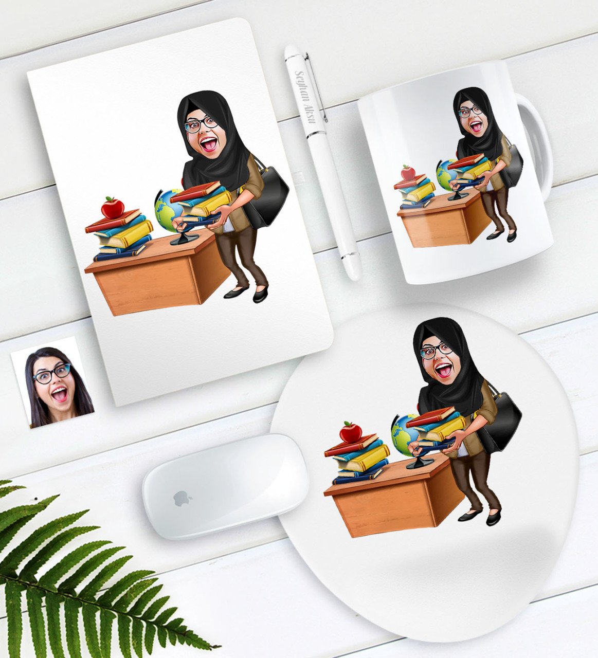 Kişiye Özel Bayan Öğretmen Karikatürlü Defter Kalem Kupa Mouse Pad Seti-8