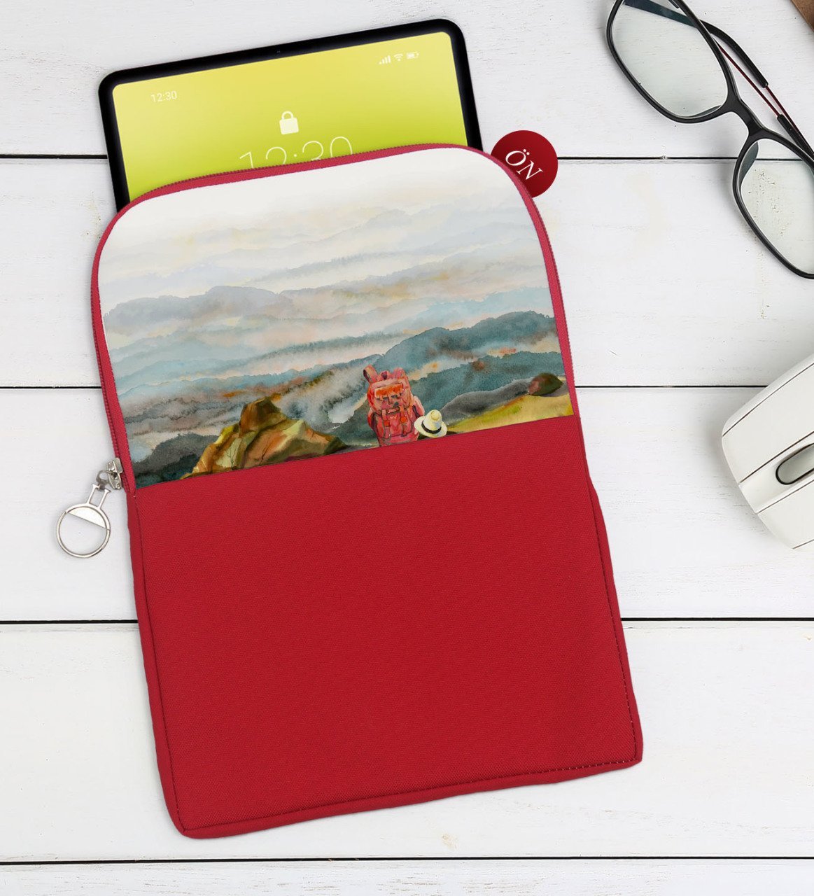 BK Gift Suluboya Tasarımlı Taşınabilir Koruyucu Tablet Kılıfı & Organizer Çanta - Kırmızı-1