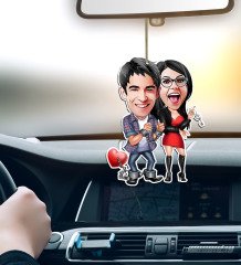 Kişiye Özel Sevgililer Karikatürlü Ahşap Araba Dikiz Ayna Süsü-1