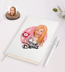 Kişiye Özel Kadın Youtuber Karikatürlü Beyaz Defter ve Kalem Hediye Seti-2