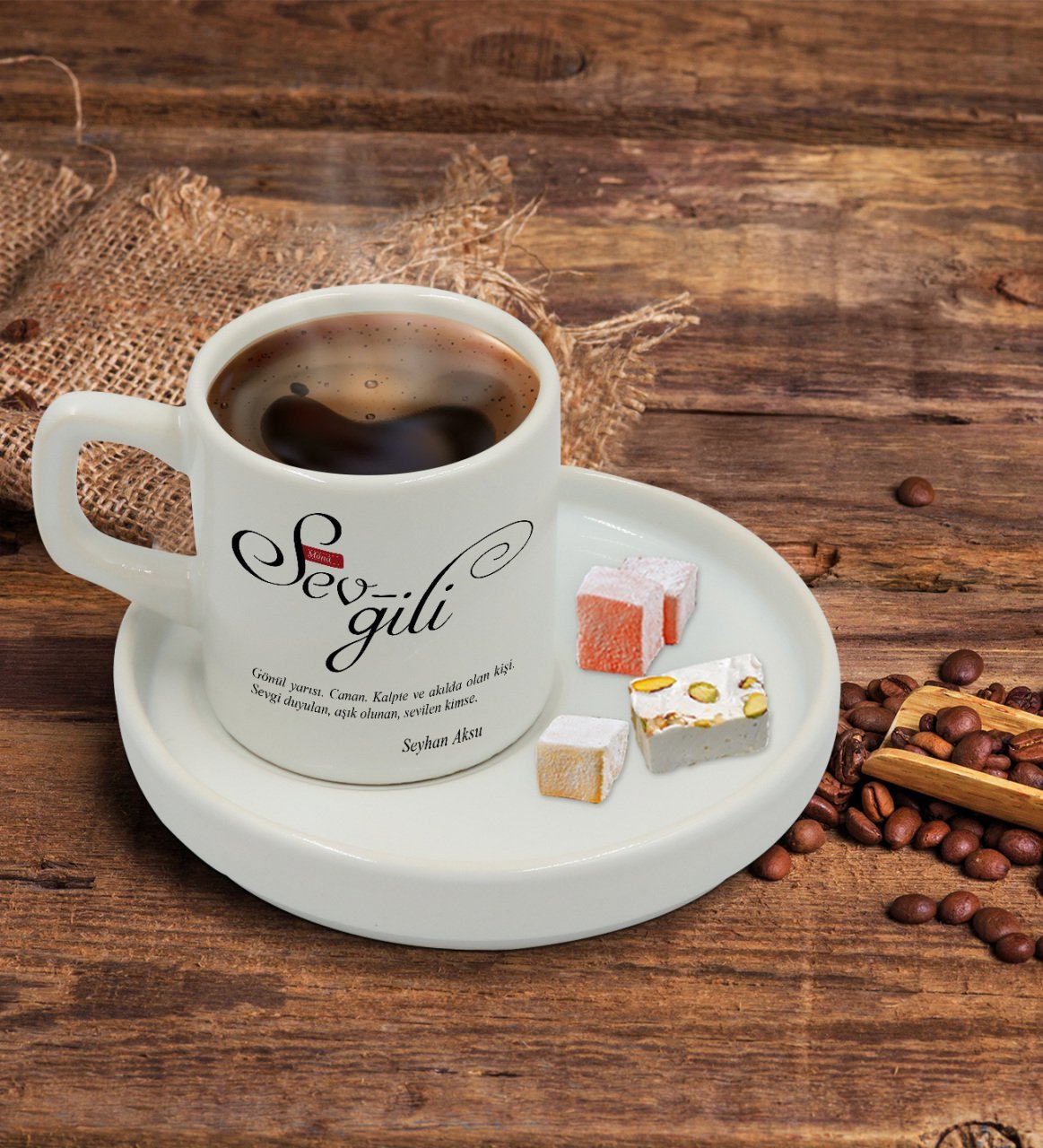 Kişiye Özel Mânâ Sevgili Tasarımlı Sunum Tabaklı Türk Kahvesi Fincanı Model 1