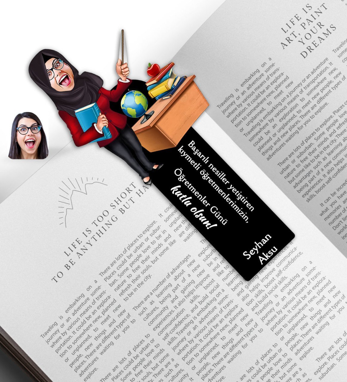 Kişiye Özel Tesettürlü Kadın Öğretmen Karikatürlü Ahşap Kitap Ayracı-1