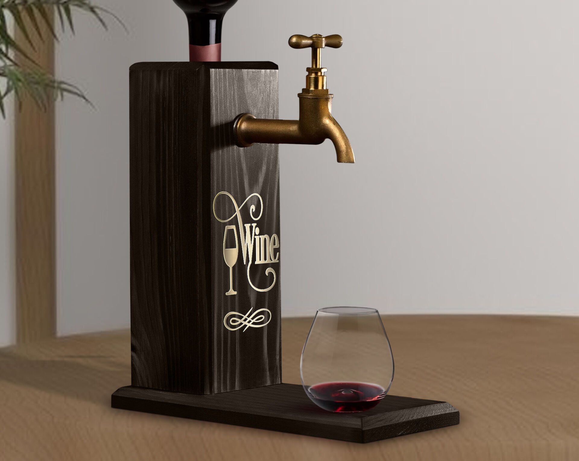 BK Gift Aynalı Altın Kabartma Musluklu Doğal Siyah(Ebony) Ahşap Şarap Standı, Home Bar, İçecek Dispenseri, Ahşap İçecek Çeşmesi-1