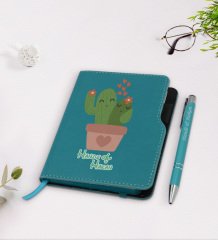 Kişiye Özel Kaktüs Tasarımlı Turkuaz Termo Deri Defter Kalem Seti-11