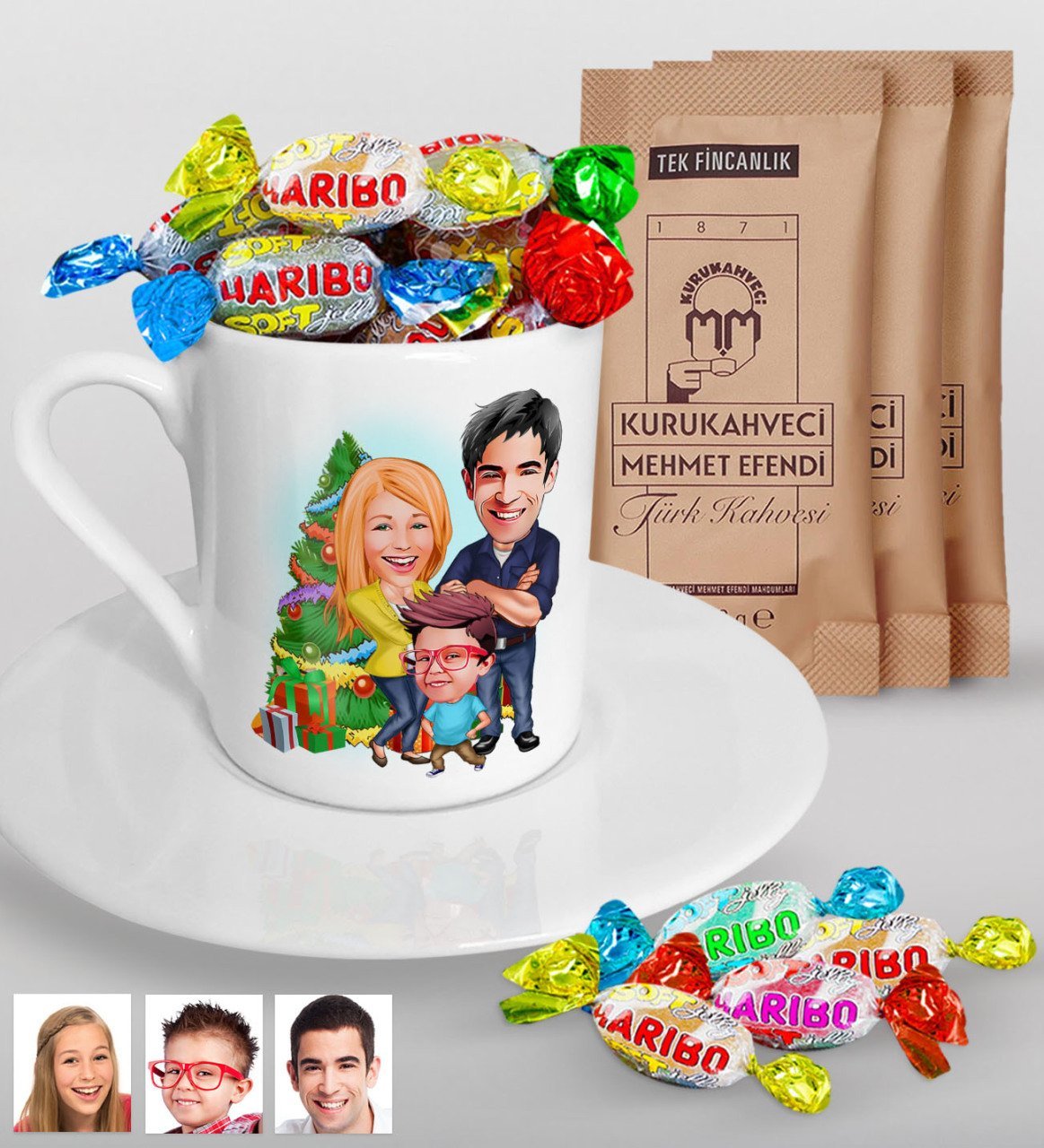 Kişiye Özel Yeni Yıl Aile Karikatürlü Türk Kahvesi Fincanı Mehmet Efendi Kahve ve Haribo Şeker Hediye Seti-3
