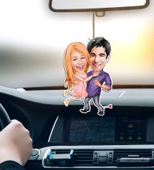 Kişiye Özel Sevgililer Karikatürlü Ahşap Araba Dikiz Ayna Süsü-3