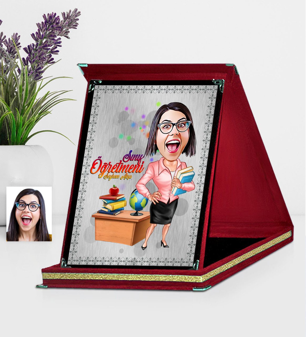 Kişiye Özel Bayan Öğretmen Karikatürlü Kırmızı Plaket - 5