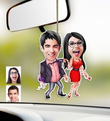 Kişiye Özel Sevgililer Karikatürlü Ahşap Araba Dikiz Ayna Süsü-4