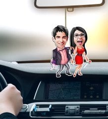Kişiye Özel Sevgililer Karikatürlü Ahşap Araba Dikiz Ayna Süsü-4