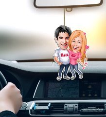 Kişiye Özel Sevgililer Karikatürlü Ahşap Araba Dikiz Ayna Süsü-5
