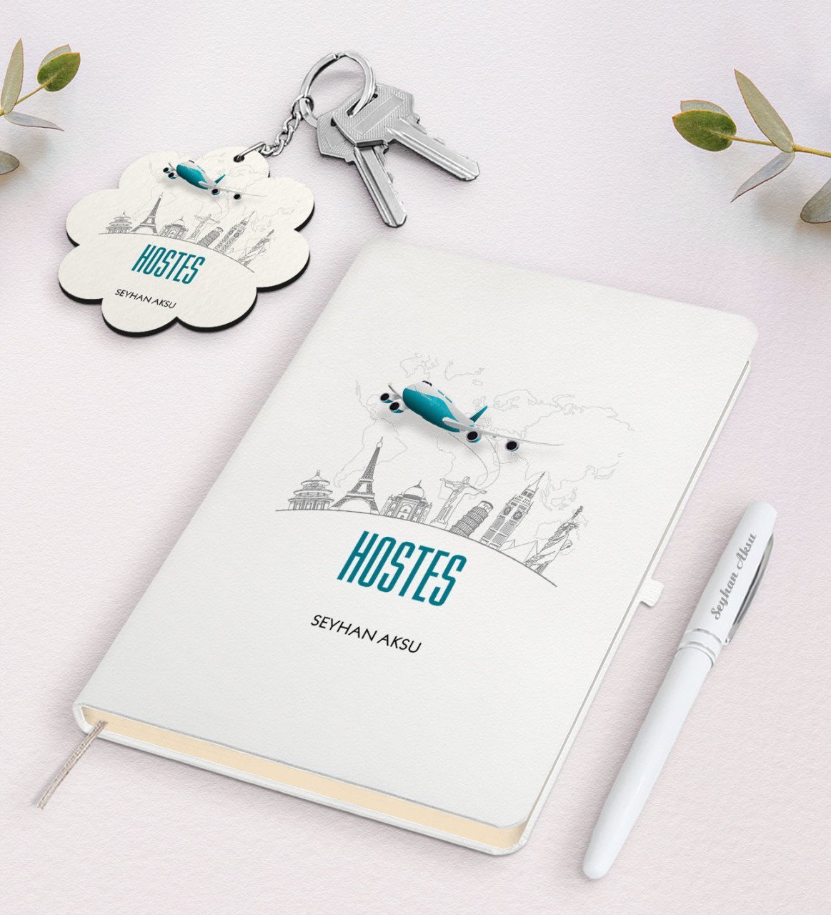 Kişiye Özel Hostes Beyaz Defter Kalem Ve Anahtarlık Hediye Seti-1