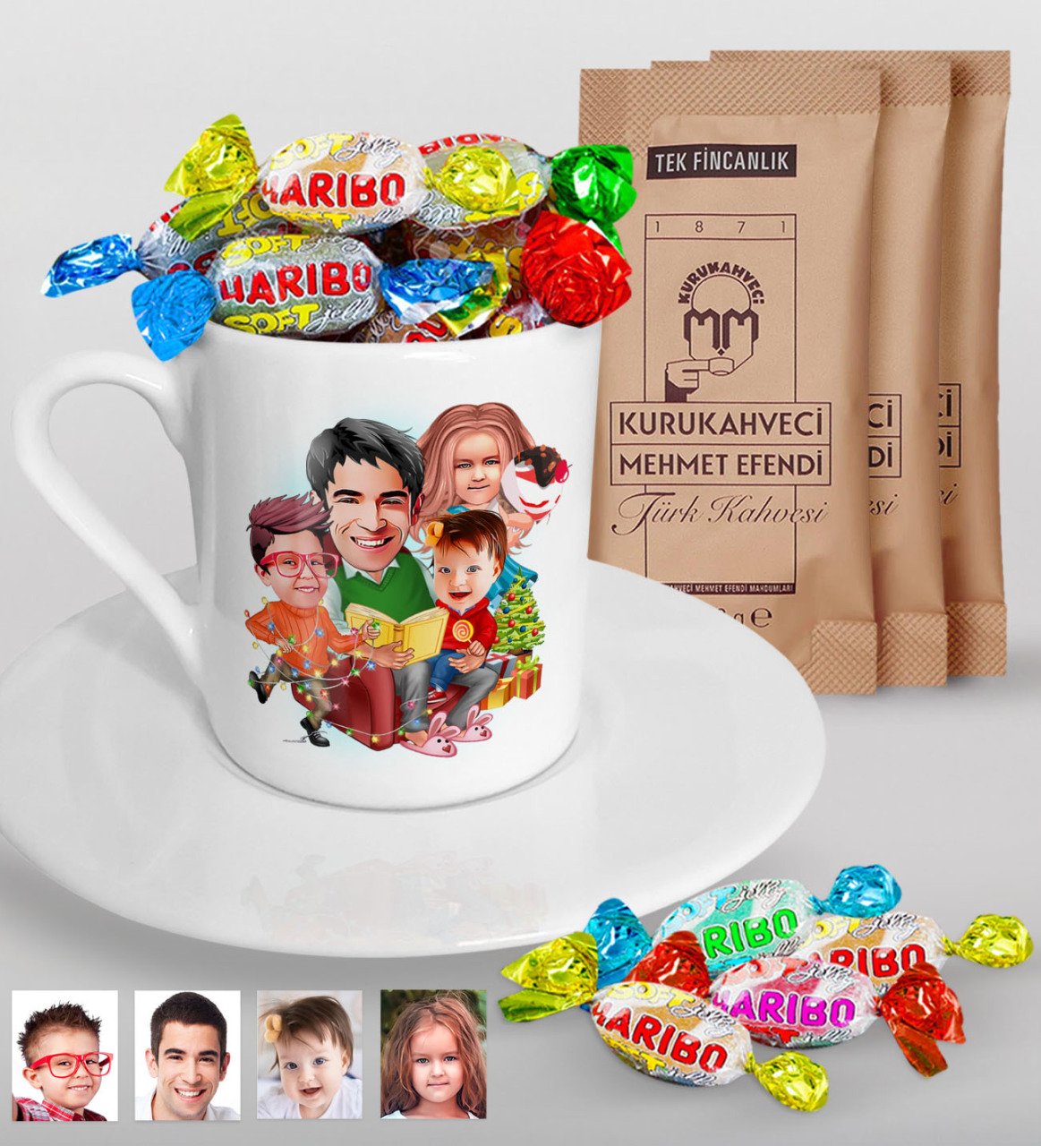 Kişiye Özel Yeni Yıl Aile Karikatürlü Türk Kahvesi Fincanı Mehmet Efendi Kahve ve Haribo Şeker Hediye Seti-6