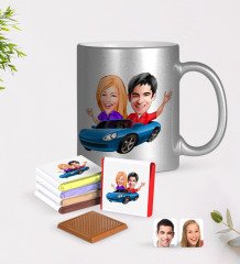 Kişiye Özel Sevgililer Karikatürlü Krom Kupa ve Çikolata Hediye Seti-52