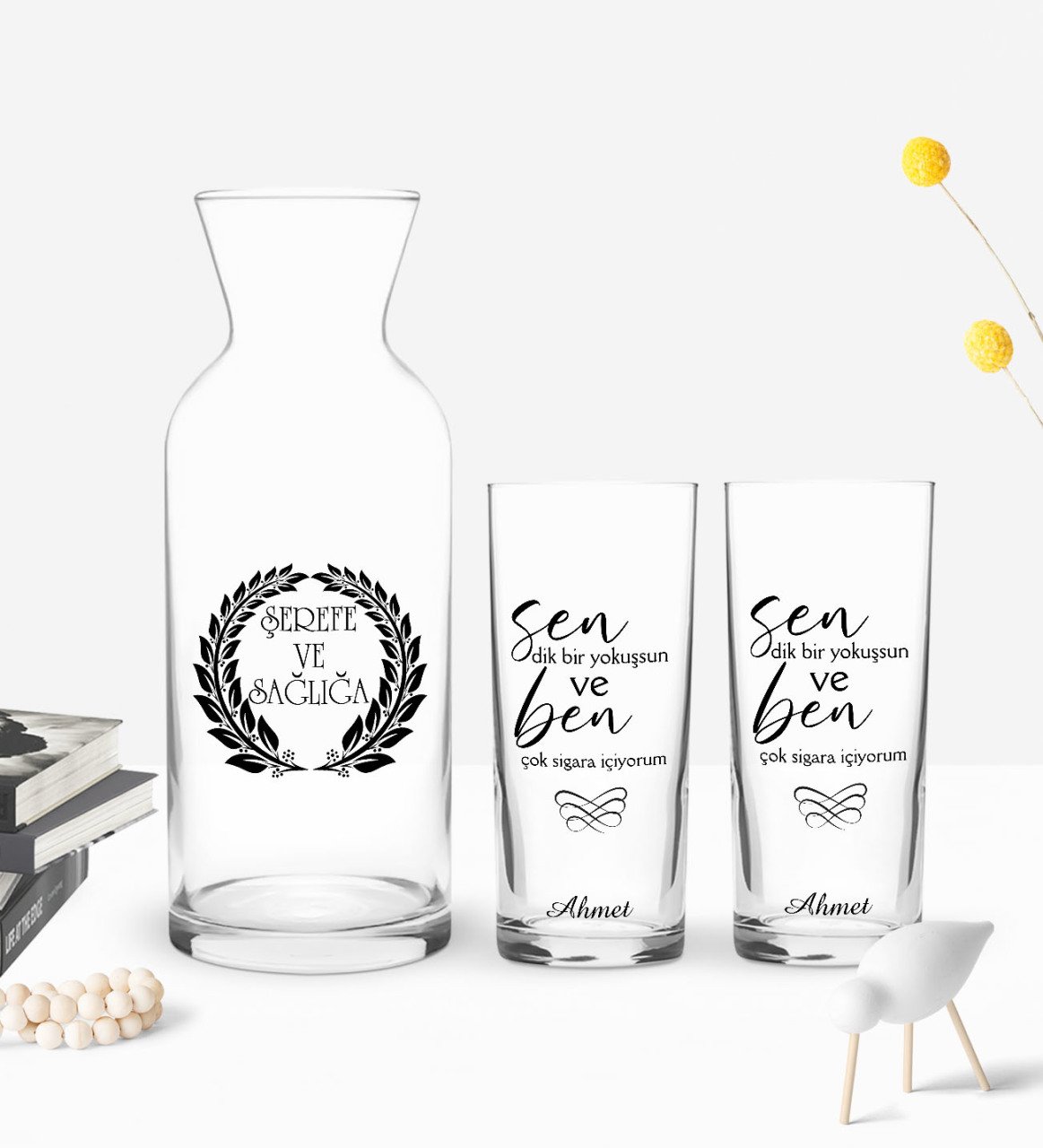 Kişiye Özel Renkli Baskılı Dik Bir Yokuşsun Tasarımlı İkili Rakı Bardağı ve Karaf Hediye Seti-1