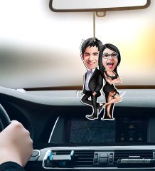 Kişiye Özel Sevgililer Karikatürlü Ahşap Araba Dikiz Ayna Süsü-6