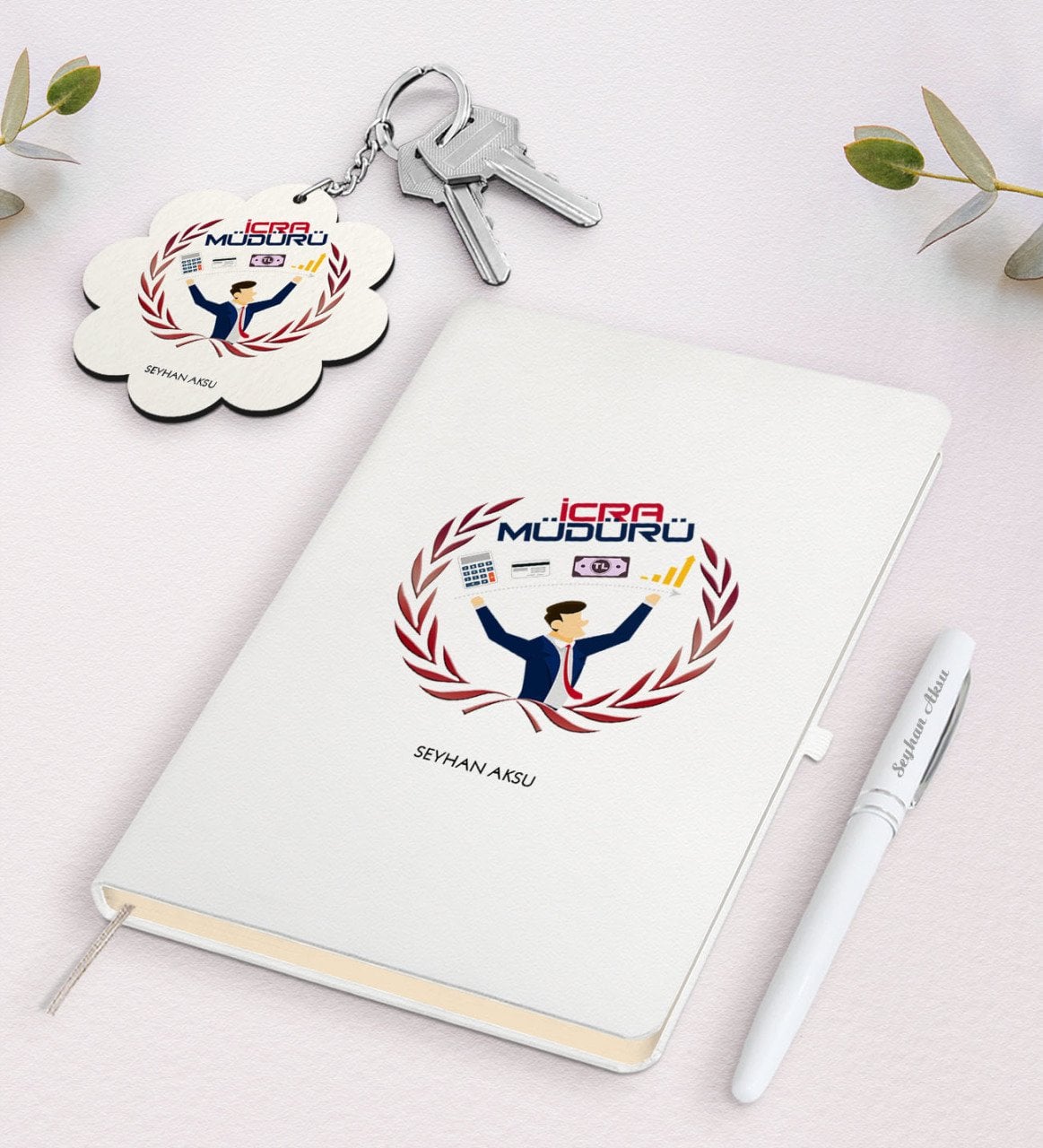 Kişiye Özel İcra Müdürü Beyaz Defter Kalem Ve Anahtarlık Hediye Seti