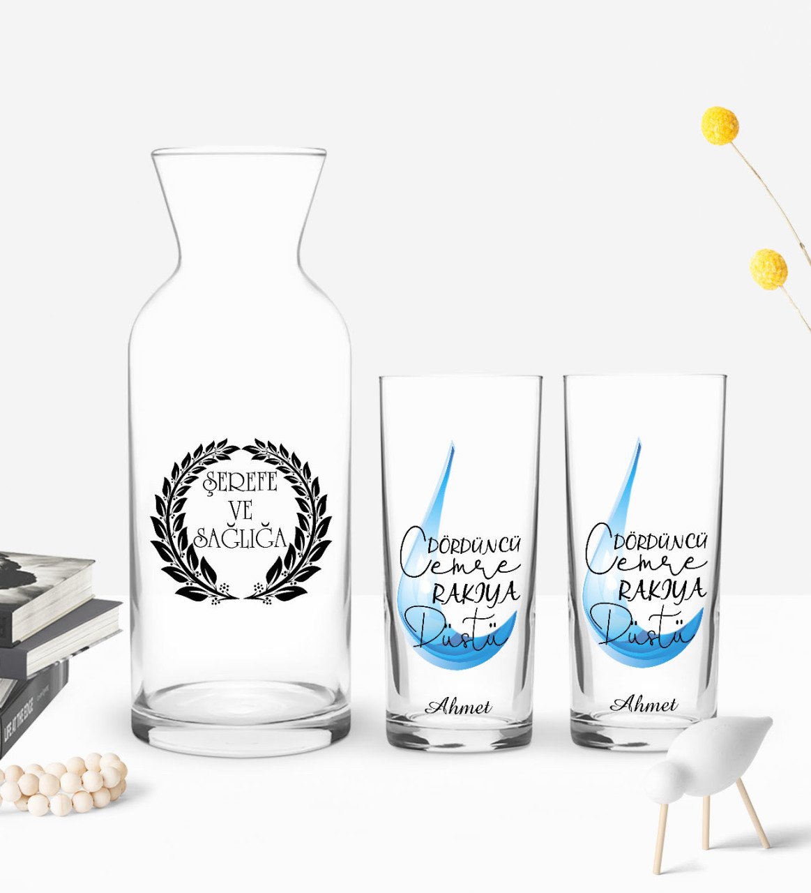 Kişiye Özel Renkli Baskılı Dördüncü Cemre Tasarımlı İkili Rakı Bardağı ve Karaf Hediye Seti-1