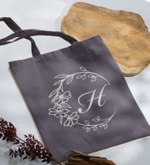 BK Gift Kişiye Özel Harfli Antrasit Kumaş Bez Çanta-4, Baskılı Omuz Çantası, Alışveriş Çantası