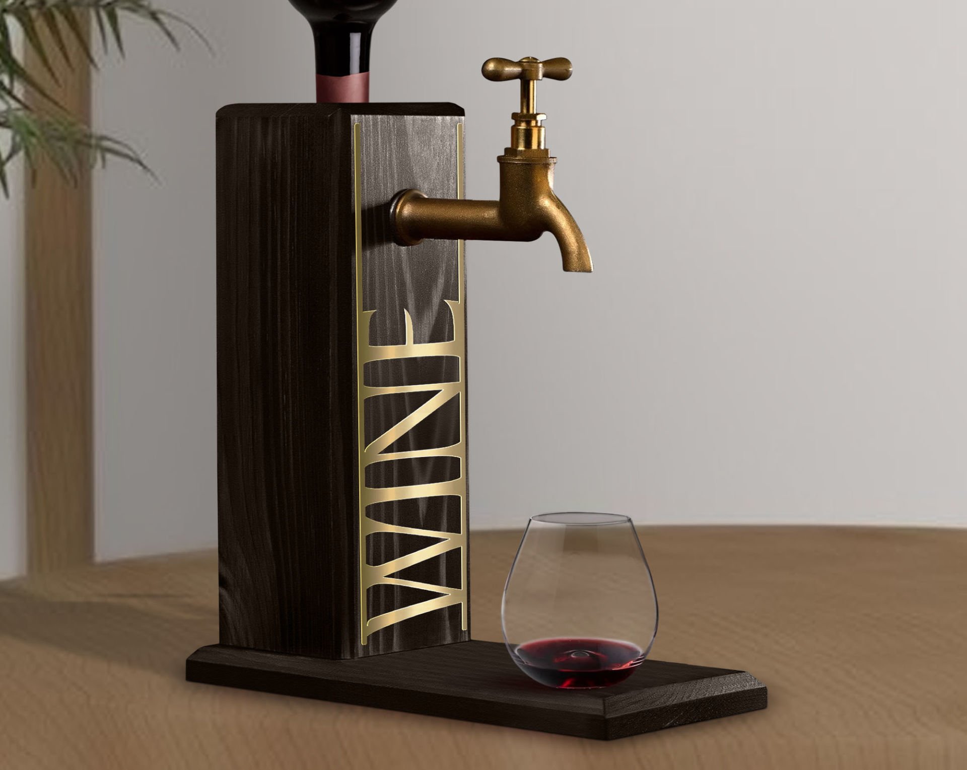 BK Gift Aynalı Altın Kabartma Musluklu Doğal Siyah(Ebony) Ahşap Şarap Standı, Home Bar, İçecek Dispenseri, Ahşap İçecek Çeşmesi-6
