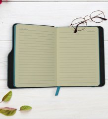 Kişiye Özel Sevgililer Karikatürlü Turkuaz Termo Deri Defter Kalem Seti-1