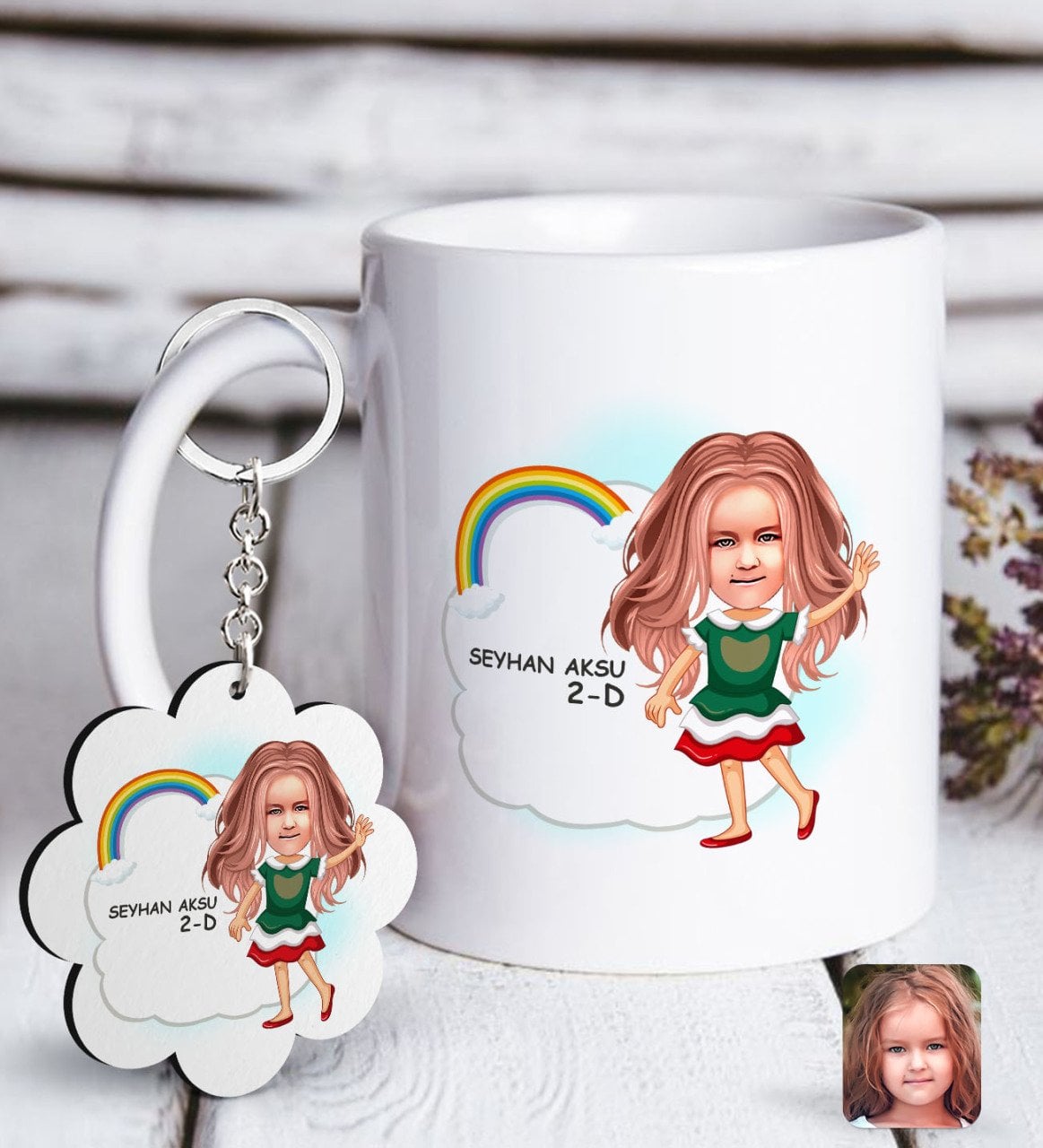 Kişiye Özel Kız İlkokul Öğrenci Karikatürlü Beyaz Kupa ve Anahtarlık Hediye Seti-2