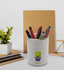BK Gift Kişiye Özel Kaktüs Tasarımlı Beyaz Defter Kalem ve Kalemlik Hediye Seti - Model 10