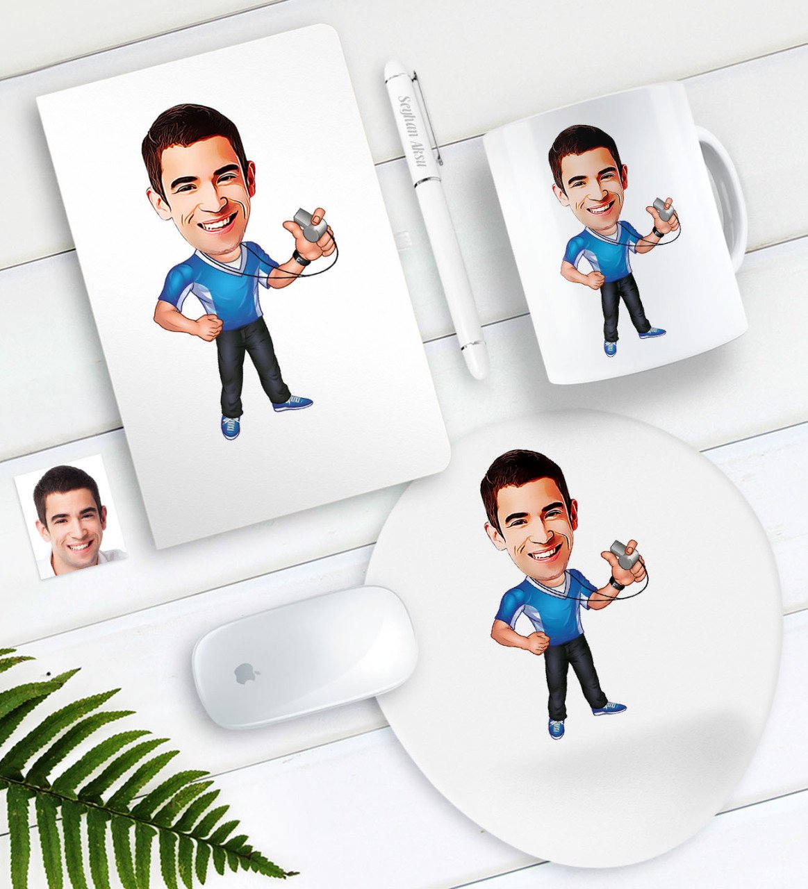 Kişiye Özel Bay Antrenör Karikatürlü Defter Kalem Kupa Mouse Pad Seti