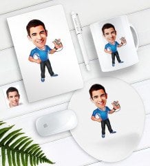 Kişiye Özel Bay Antrenör Karikatürlü Defter Kalem Kupa Mouse Pad Seti