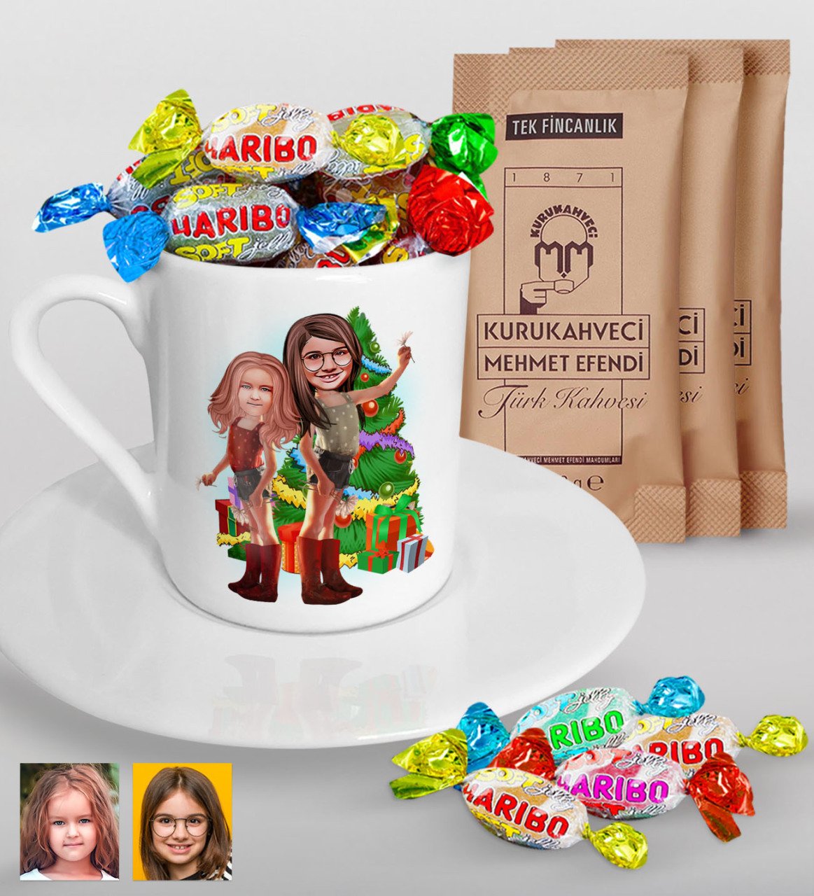 Kişiye Özel Yeni Yıl Kız Kardeşler Karikatürlü Türk Kahvesi Fincanı Mehmet Efendi Kahve ve Haribo Şeker Hediye Seti-2
