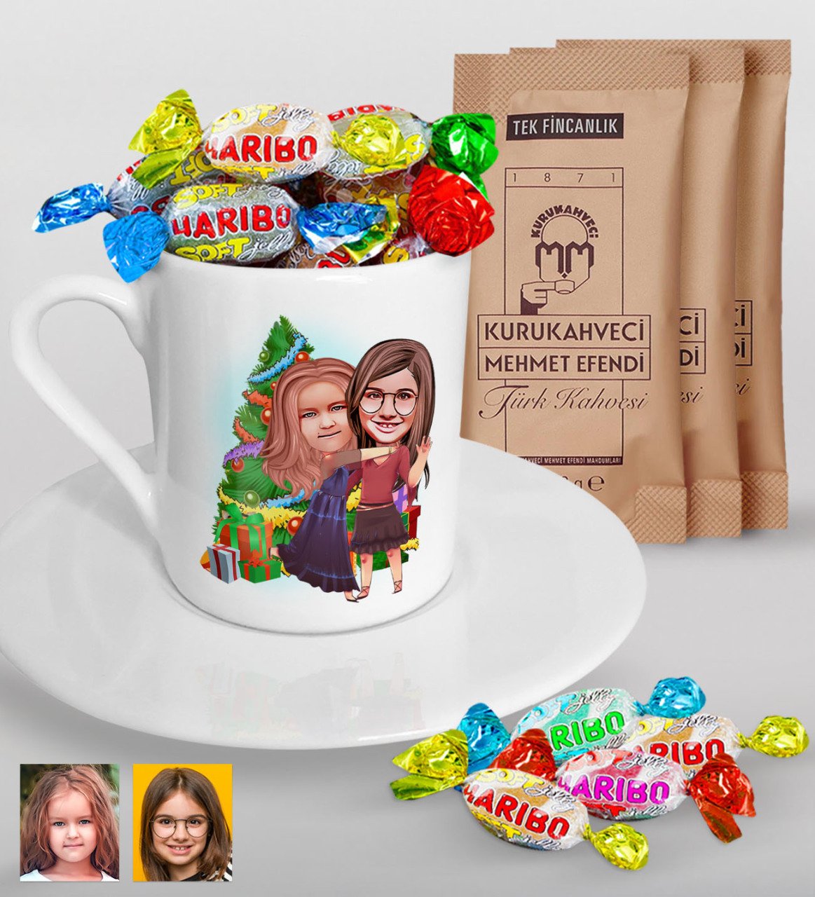 Kişiye Özel Yeni Yıl Kız Kardeşler Karikatürlü Türk Kahvesi Fincanı Mehmet Efendi Kahve ve Haribo Şeker Hediye Seti-3