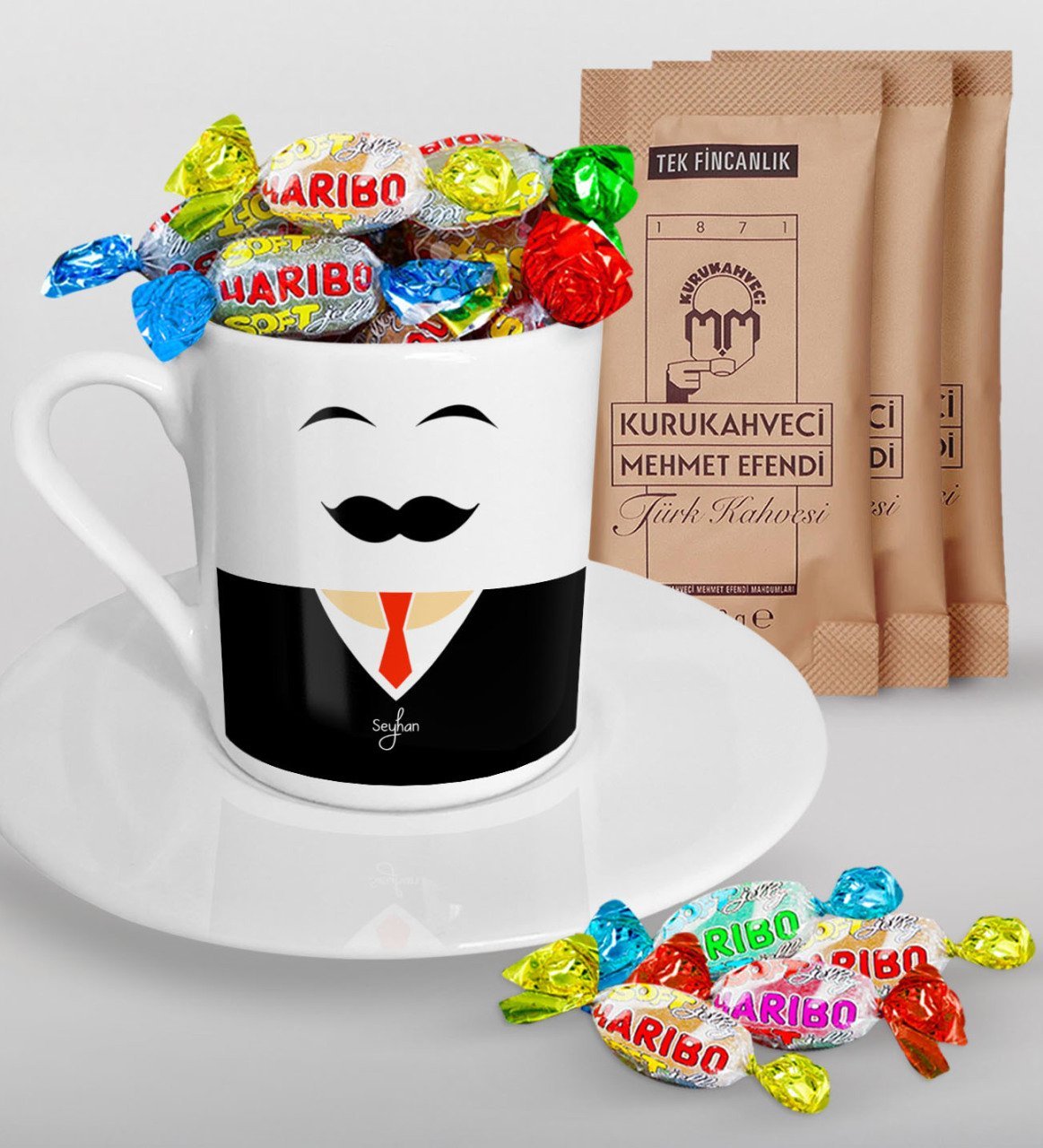 Kişiye Özel Sevgililer Günü Türk Kahvesi Fincanı Mehmet Efendi Kahve ve Haribo Şeker Hediye Seti-99