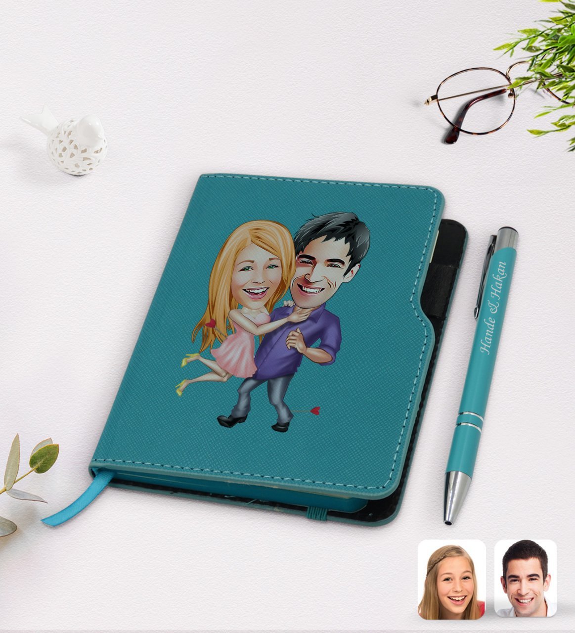 Kişiye Özel Sevgililer Karikatürlü Turkuaz Termo Deri Defter Kalem Seti-3
