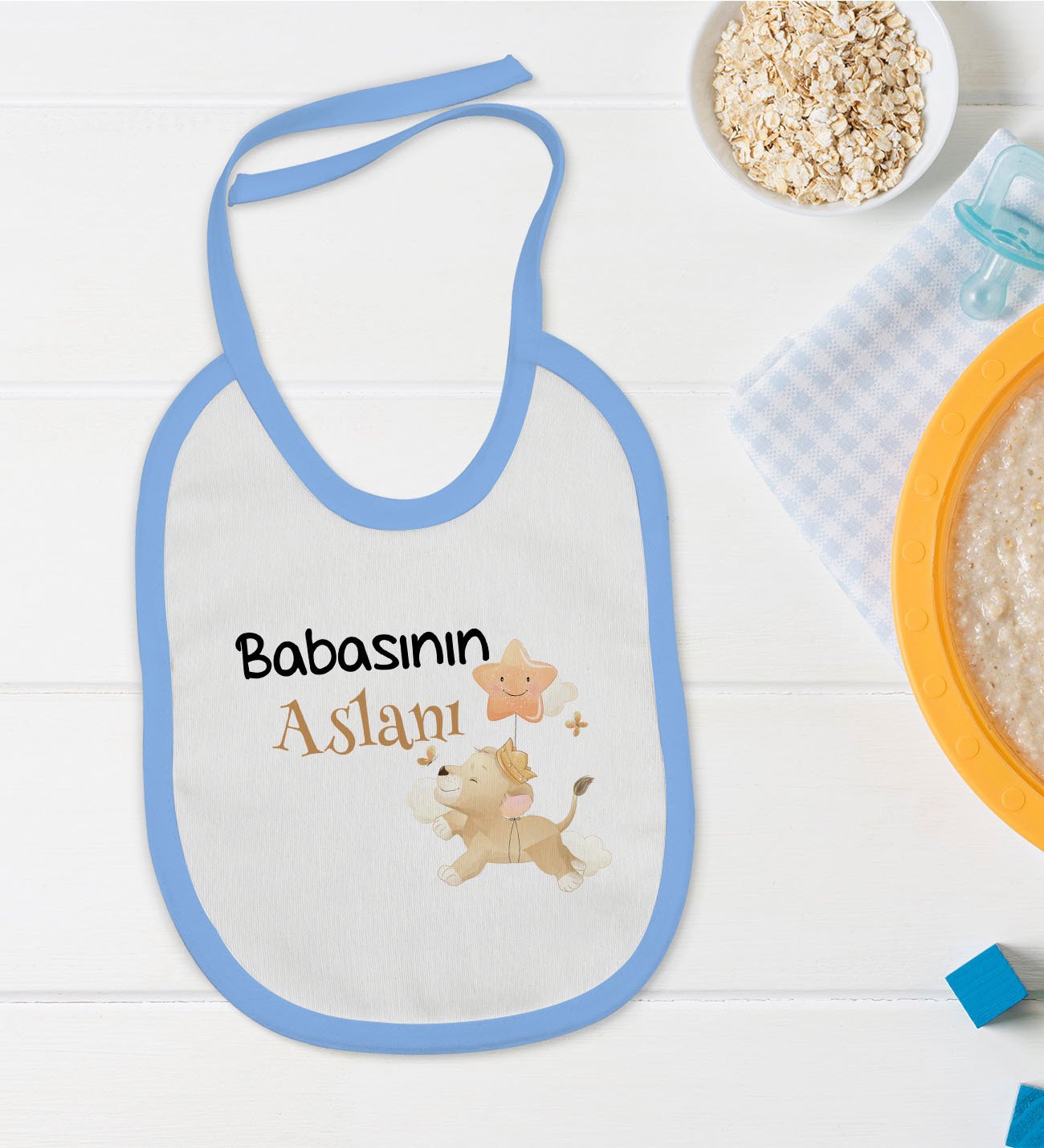 BK Kids Babasının Aslanı Tasarımlı Mavi Bebek Mama Önlüğü