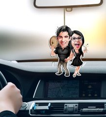 Kişiye Özel Sevgililer Karikatürlü Ahşap Araba Dikiz Ayna Süsü-18