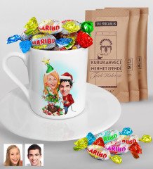 Kişiye Özel Yeni Yıl Sevgililer Karikatürlü Türk Kahvesi Fincanı Mehmet Efendi Kahve ve Haribo Şeker Hediye Seti-1