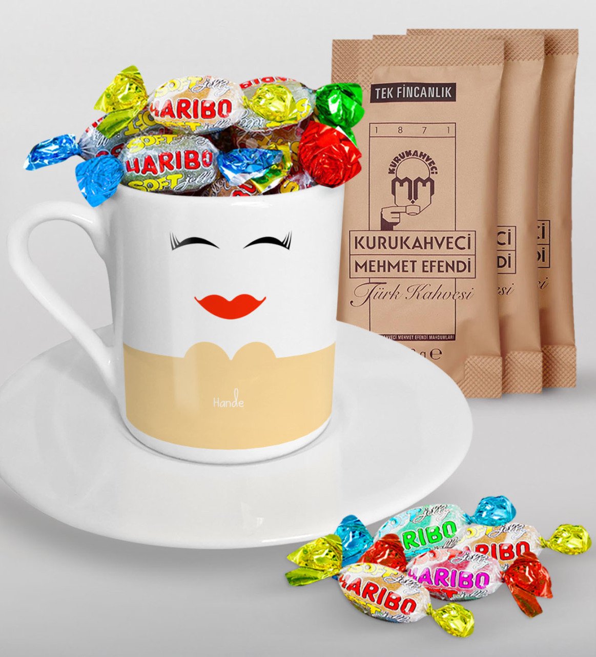 Kişiye Özel Sevgililer Günü Türk Kahvesi Fincanı Mehmet Efendi Kahve ve Haribo Şeker Hediye Seti-100