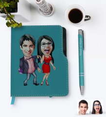 Kişiye Özel Sevgililer Karikatürlü Turkuaz Termo Deri Defter Kalem Seti-4