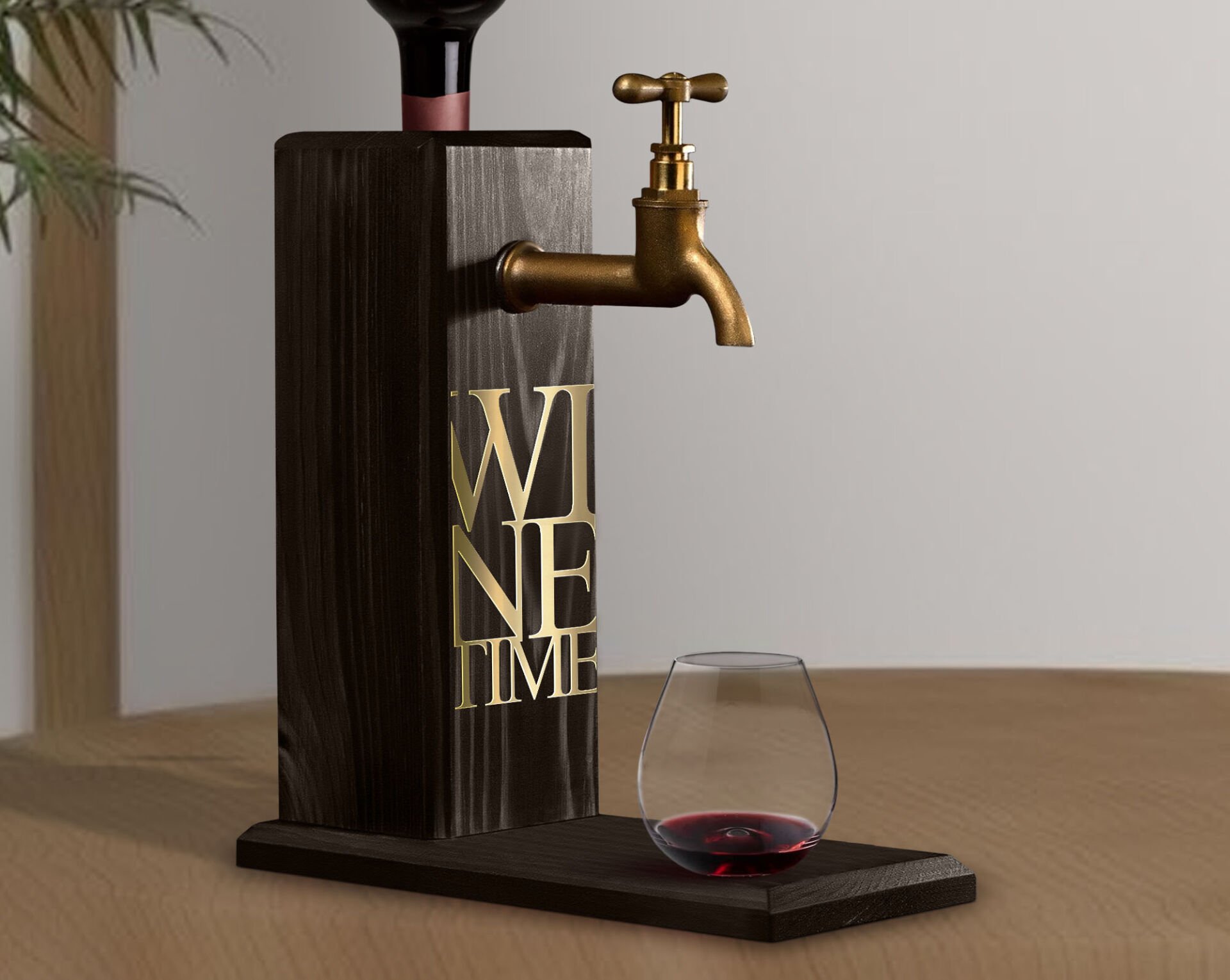 BK Gift Aynalı Altın Kabartma Musluklu Doğal Siyah(Ebony) Ahşap Şarap Standı, Home Bar, İçecek Dispenseri, Ahşap İçecek Çeşmesi-10