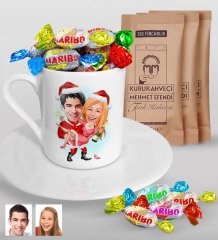 Kişiye Özel Yeni Yıl Sevgililer Karikatürlü Türk Kahvesi Fincanı Mehmet Efendi Kahve ve Haribo Şeker Hediye Seti-2