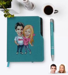 Kişiye Özel Sevgililer Karikatürlü Turkuaz Termo Deri Defter Kalem Seti-5