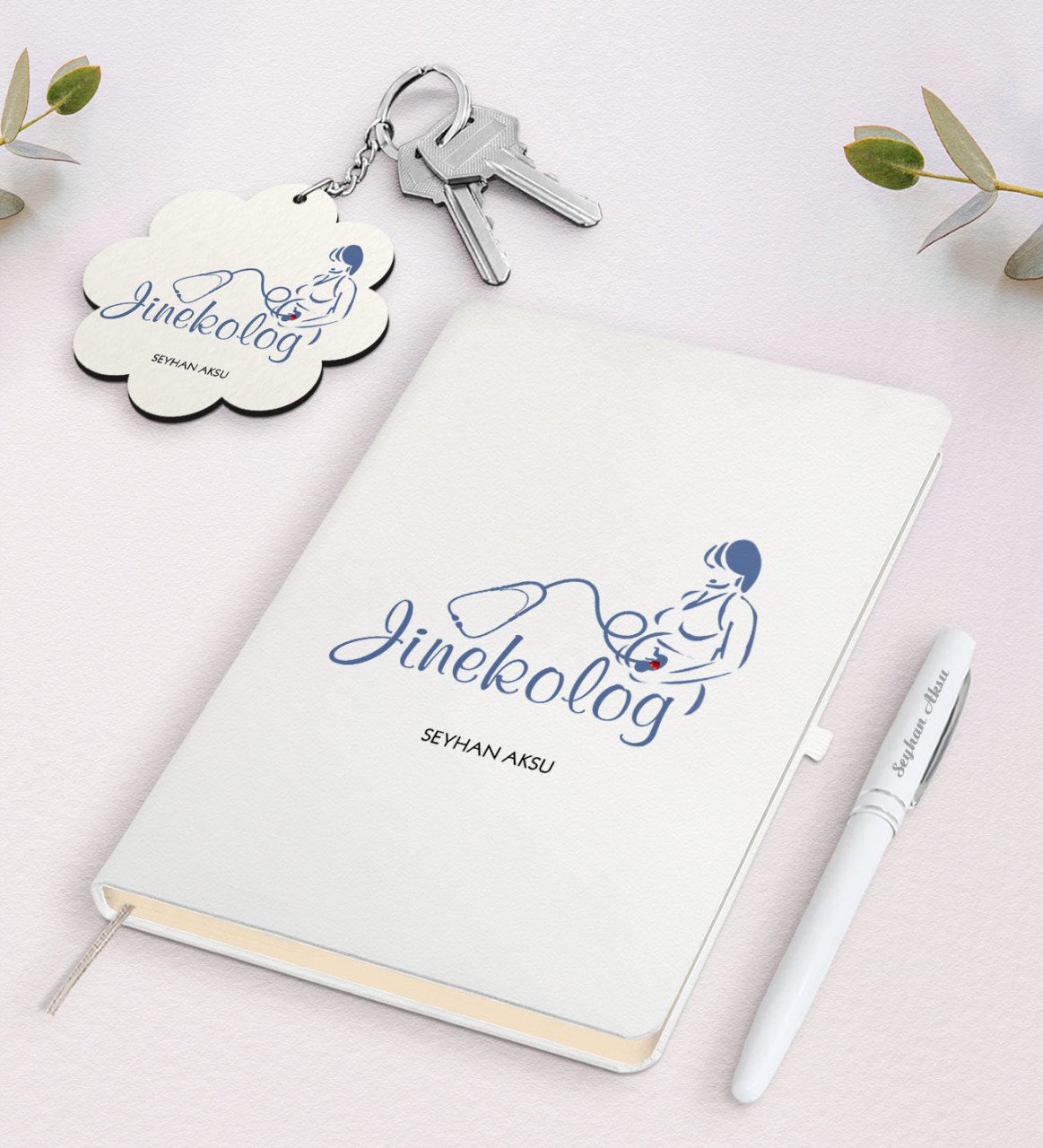 Kişiye Özel Jinekolog Beyaz Defter Kalem Ve Anahtarlık Hediye Seti-1