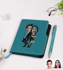 Kişiye Özel Sevgililer Karikatürlü Turkuaz Termo Deri Defter Kalem Seti-6